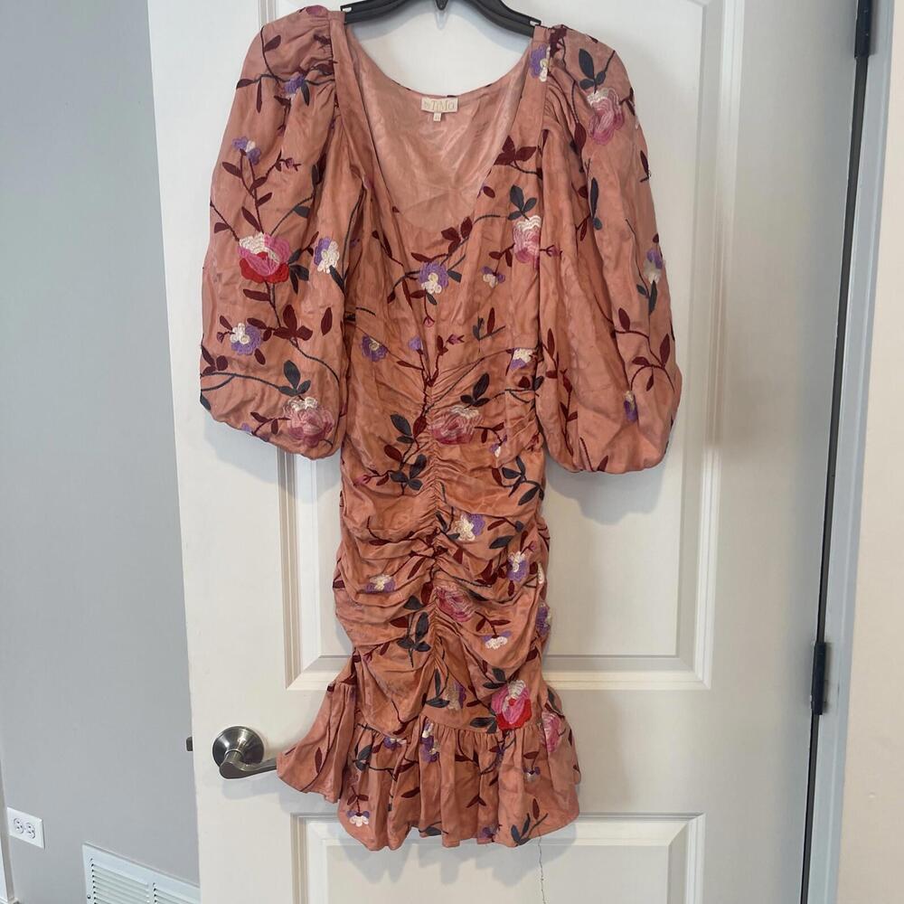 New By Timo Ruched Floral Embroidered Jacquard Dress In Blush Size S - Picture 7 of 11